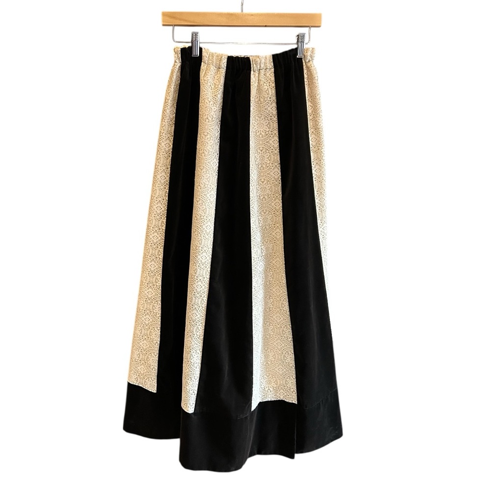 VINTAGE 70s JEANNE BOUCHEVER Cotton Velvet & Lace Patchwork Maxi Skirt S-L - Picture 3 of 16